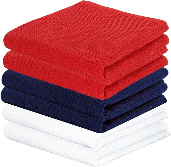 PurpleEssences 4th of July Waffle Weave Kitchen Towel, 100% Cotton - 15 x 25 Inches, with Hanging Loop Ultra Soft Absorbent Quick Drying Dish Cloth, Tea & Hand Towels, 6 Pack Labor Day Red Blue White
