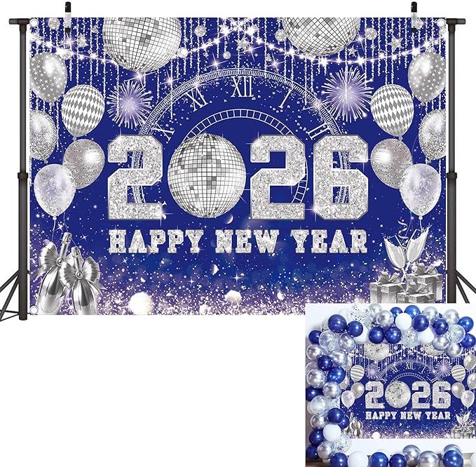 Happy New Year 2026 Black Gold Backdrop 2026 New Year Eve Countdown Photo Background Cheer to 2026 Party Decoration Banner Photo Supplies (Blue, 82x59inch (7x5FT))