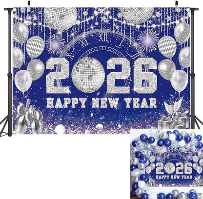 Happy New Year 2026 Black Gold Backdrop 2026 New Year Eve Countdown Photo Background Cheer to 2026 Party Decoration Banner Photo Supplies (Blue, 82x59inch (7x5FT))