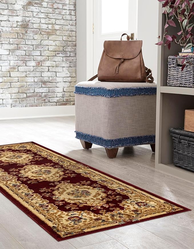Rugs.com Chateau Collection Rug – 10 Ft Runner Red Medium-Pile Rug Perfect for Hallways, Entryways