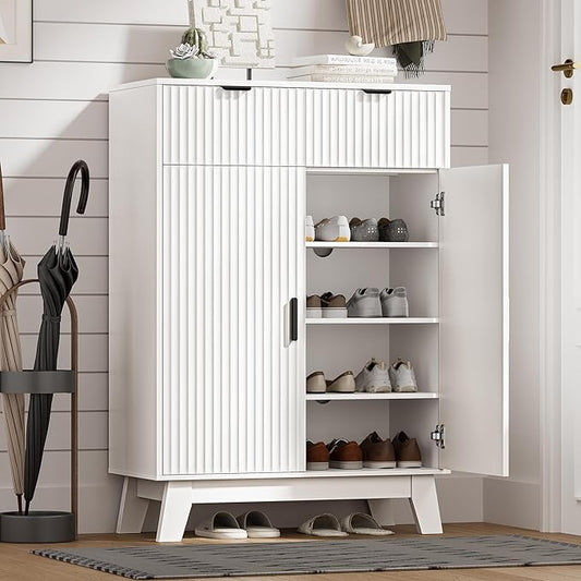 Shoe Cabinet Storage for Entryway with Doors, 4 Tier Fluted Shoe Organizer with 2 Drawers, Entryway Shoe Storage with Adjustable Shelves, Freestanding Hidden Shoe Rack for Front Door Entrance, White