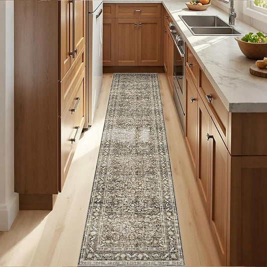OPPODREAM Thin Vintage Brown 2x12 Runner Rug, 2 x 12 Retro Washable Rug Non Slip, Low-Pile Faux Wool Carpet, Distressed Floor Mat for Kitchen, Hallway, Entry-Way, Entrance, Indoor Back Door