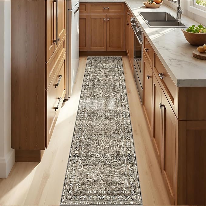 OPPODREAM Thin Vintage Brown 2x10 Runner Rug, 2 x 10 Retro Washable Rug Non Slip, Low-Pile Faux Wool Carpet, Distressed Floor Mat for Kitchen, Hallway, Entry-Way, Entrance, Indoor Back Door