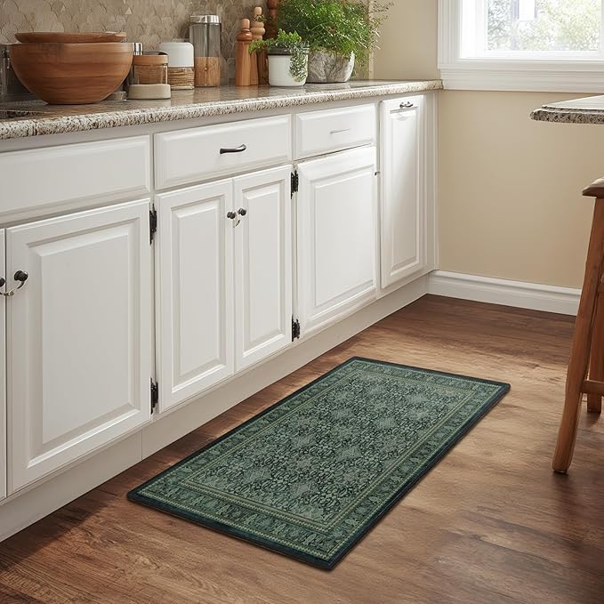 Jainmy Dark Green 2x3 Small Rugs for Entryway, Washable Non Slip Door Mat Indoor Entrance, Vintage Boho Floral Moroccan Printed Entry Rugs for Inside House Kitchen Bathroom, Low Pile Ultra Thin Soft
