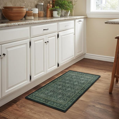 Jainmy Dark Green 2x3 Small Rugs for Entryway, Washable Non Slip Door Mat Indoor Entrance, Vintage Boho Floral Moroccan Printed Entry Rugs for Inside House Kitchen Bathroom, Low Pile Ultra Thin Soft