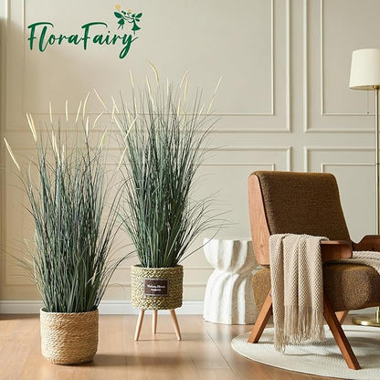 Faux 4ft 2-Pack Horsetail Reed Grass with Pink Spikes, 48in Tall Indoor Outdoor Fake Grass in Pot, Home Office Decorative Artificial Plant & Greenery, Wedding Decor Green Bristlegrass