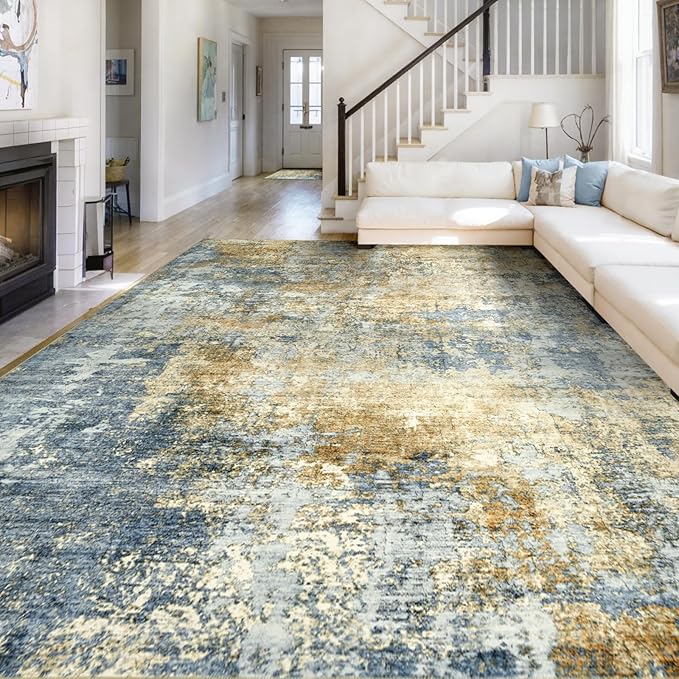 AUKOW Area Rug Living Room Rugs - 8x10 Modern Abstract Soft Indoor Neutral Washable Rug Stain Resistant Non-Slip Low Pile Carpet for Bedroom Dining Room Home Office - Blue/Grey/Yellow