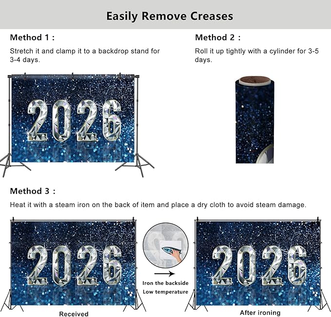 YongFoto 2026 Happy New Year Backdrop 5x3ft Diamond Sparkle Blue Photography Background Christmas Night Festival Carnival Celebration Party Banquet Decor Banner Photoshoot Wallpaper Photo Booth