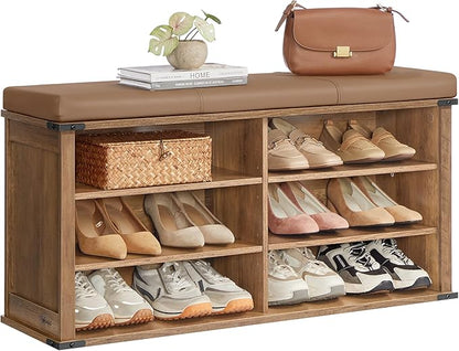 VASAGLE Shoe Storage Bench with Removable Cushion, Shoe Rack with Padded Seat, Entryway Bench with 6 Open Compartmens, Adjustable Shelves, for Hallway, Bedroom, Honey Brown ULSB105K01
