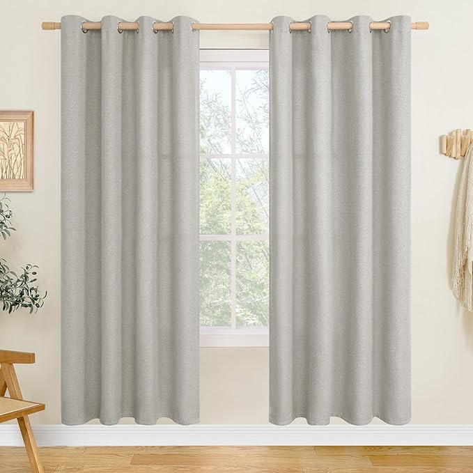 LAMIT Light Grey Linen Curtains 80 inches Long for Living Room, Faux Linen Light Filtering Curtains Grommet Privacy Neutral Window Treatments for Bedroom, 2 Panels, W52 x L80