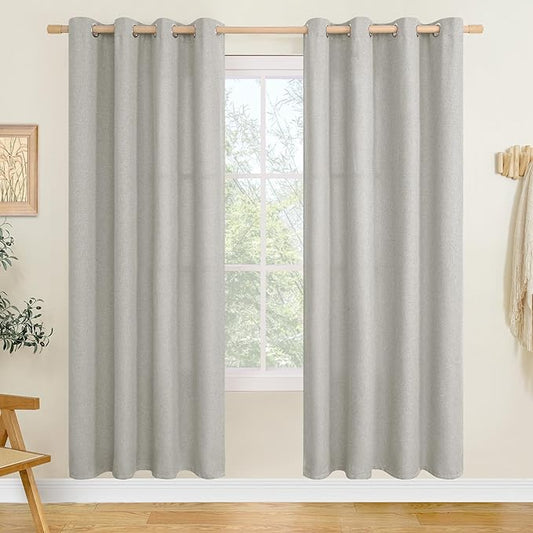 LAMIT Light Grey Linen Curtains 80 inches Long for Living Room, Faux Linen Light Filtering Curtains Grommet Privacy Neutral Window Treatments for Bedroom, 2 Panels, W52 x L80
