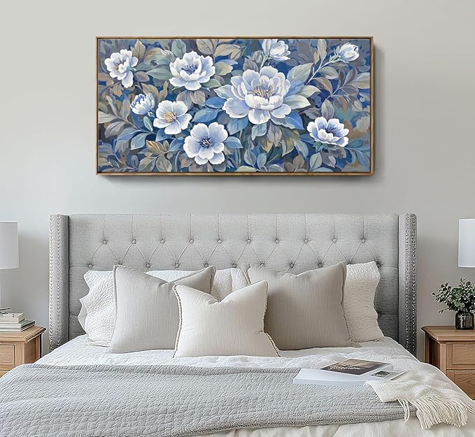 ARTZON Framed Large Wall Art for Living Room- Modern Blue and White Canvas Art Prints Peony Picture Blossom Flower Botanical Elegant Horizontal Artwork Relaxing Women Bedroom Office 48x24 Inch