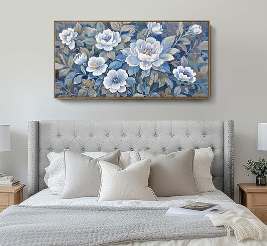 ARTZON Framed Large Wall Art for Living Room- Modern Blue and White Canvas Art Prints Peony Picture Blossom Flower Botanical Elegant Horizontal Artwork Relaxing Women Bedroom Office 48x24 Inch