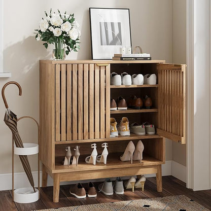 Shoe Storage Cabinet with Adjustable Shelves, Wooden Shoe Organizer, Shoes Rack for Entryway, Hallway, Living Room (Natural Wood, 27.56" W)