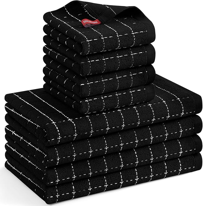 Mordimy 100% Cotton Terrycloth Kitchen Towels and Dishcloths Sets, Soft and Absorbent Checkered Dish Towels, Quick Drying Dish Rags for Washing Dishes, 4 Pack 16" x 26" & 4 Pack 12" x 12", Black