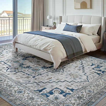 Area Rugs for Living Room 9x12 - Large Machine Washable Vintage Oriental Soft Rug, Low Pile Thin Carpet with Non Slip Backing for Bedroom, Dorm, Under Dining Room Table, Indoor House, Office Decor