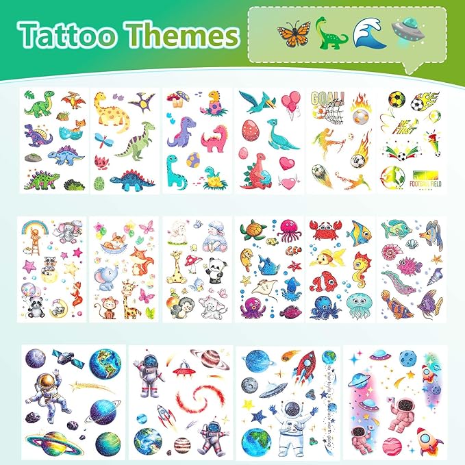 150+ Kids Glitter Temporary Tattoos for Boys – Individually Wrapped, Waterproof Tattoo Stickers – Mermaid, Dinosaur, Animal, Ocean, Space & More