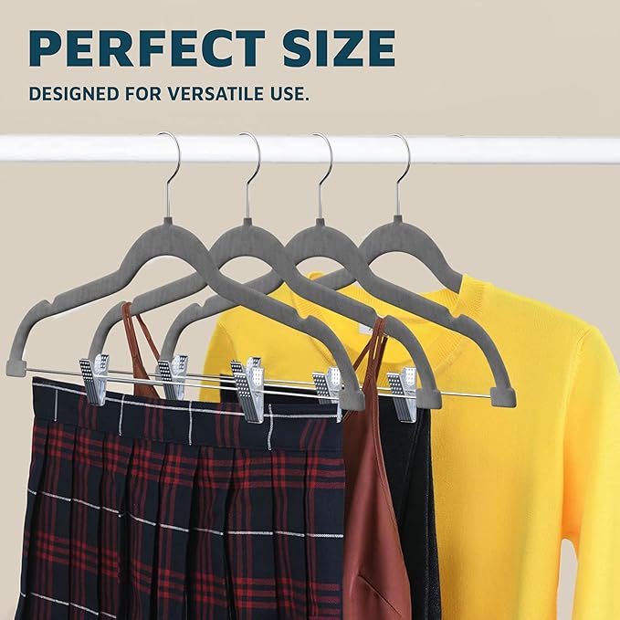 Velvet Skirt Hangers – with Adjustable Clips, 360 Degree Swivel Hook, and Non-Slip Shoulder Notch, Holds Up to 10 lbs, for Organizing Skirt, Pants, Dress, and Clothes, Pack of 50, Gray