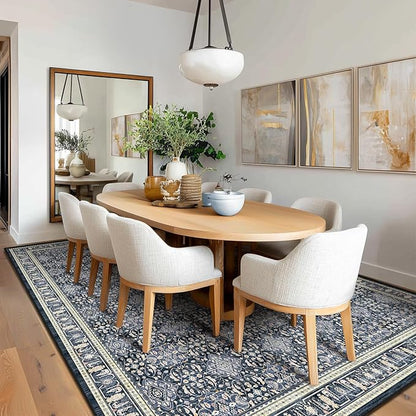 Dark Blue 7x9 Rugs for Bedroom, Washable Non Slip Low Pile Thin Area Rug for Living Room Dining Room, Carpet Rug for Playroom Guest Room Home Office, Transitional Moroccan Floral Trellis
