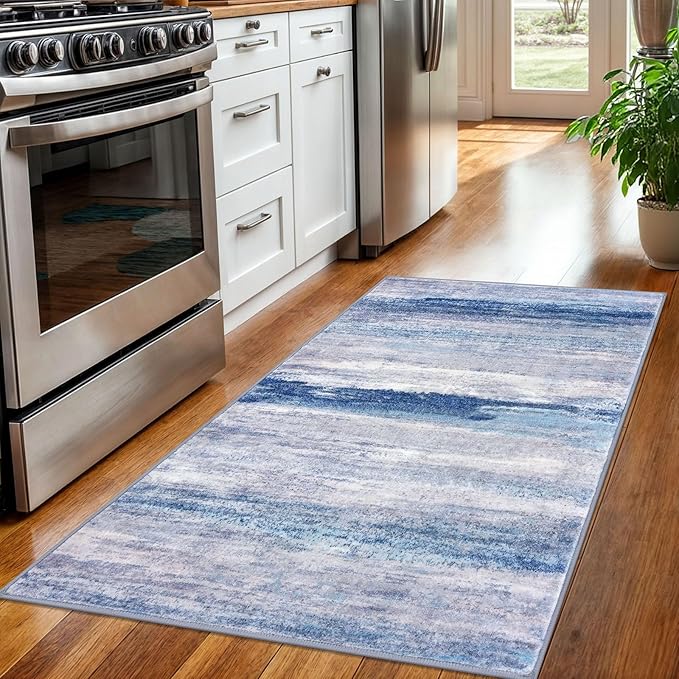 KOZYFLY 3x5 Rug Modern Ombre Living Room Area Rug, Washable Rugs for Bedroom Non-Slip Soft Stain Resistant Striped, Print Blue/Grey/Beige Abstract Carpet for Living/Laundry/Kid Room