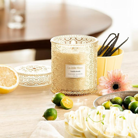LA JOLIE MUSE Fall Candle | Vanilla Bomb Candle –Vanilla, Lemon Zest & Patchouli |19 oz Large Wooden Wick | Natural Soy Wax | 90 Hours Clean Burn | Gift-Ready for Autumn Hosting | Seasonal Home Décor