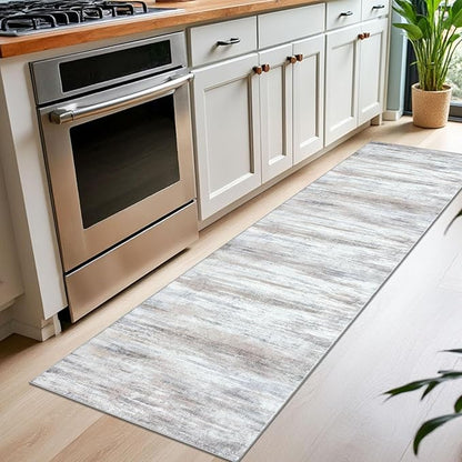 KOZYFLY Modern Abstract Runners for Hallways, 2x7 Kitchen Rugs Non-Slip Washable Soft Striped Kitchen Runner Rugs, Print Beige Carpet Runner for Entryway Bathroom Laundry Room Foyer