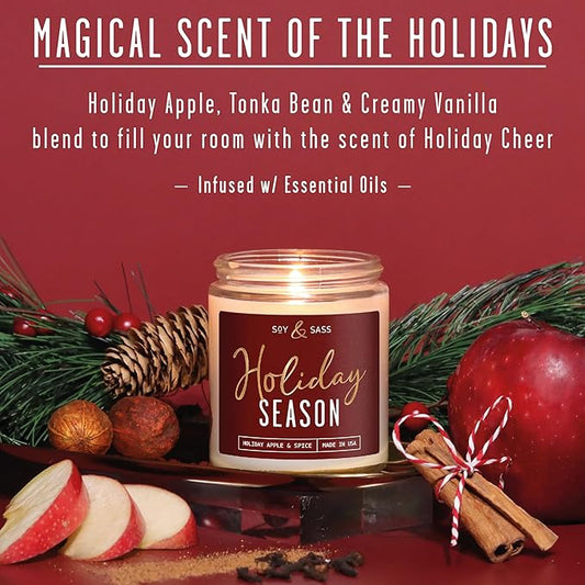 Holiday Candles, Christmas Candles Scented – ‘Holiday Season’ Soy Candle, w/Apple, Cinnamon & Clove - Infused with Essential Oils I Holiday Candle I 9oz, 50Hr, Made in USA