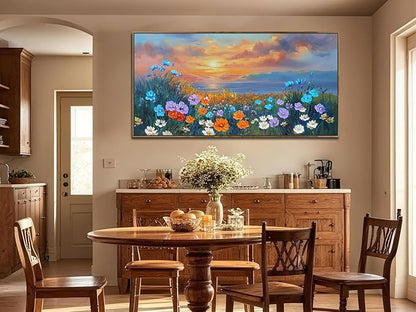 Ardemy Wildflower Wall Art for Living Room Large Framed Floral Canvas Pictures Bedroom Wall Decor Sunset Paintings Flower Textured Artwork for Walls Dining Room Home Office 48"x24"