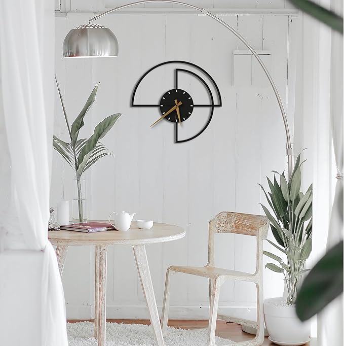 Half-Circle Modern Wall Clock 20-Inch – Black Metal, Silent Non-Ticking Quartz Movement, Sleek Contemporary Design for Living Room, Kitchen, Office