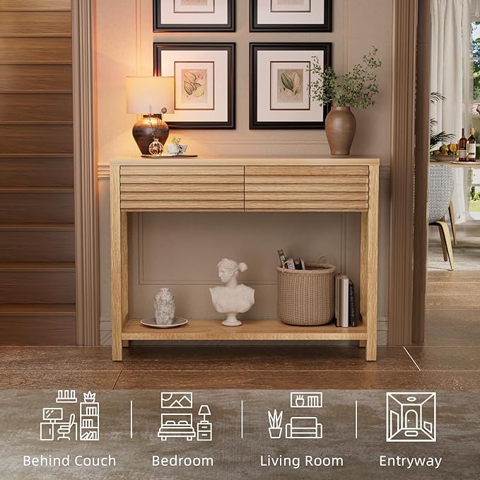 BREEZEHEAT 40" Fluted Console Table with 2 Drawers, Modern Wood 2 Tier Entryway Table with Storage Shelf, Narrow Sofa Table Behind Couch Accent Table for Entrance Foyer, Hallway, Living Room, Natural