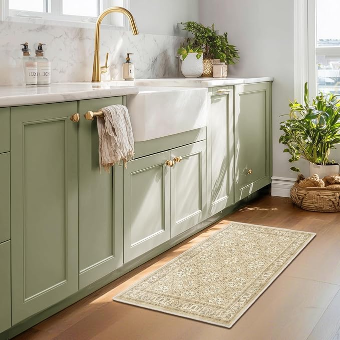 Warm Beige Small 2x3 Rug, Boho Floral Moroccan Printed Door Rugs for Entryway Indoor, Washable Non Slip Low Pile Thin Soft Door Mat Indoor Entrance for Kitchen Bathroom Laundry Room Bedside
