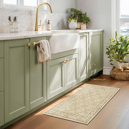 Warm Beige Small 2x3 Rug, Boho Floral Moroccan Printed Door Rugs for Entryway Indoor, Washable Non Slip Low Pile Thin Soft Door Mat Indoor Entrance for Kitchen Bathroom Laundry Room Bedside