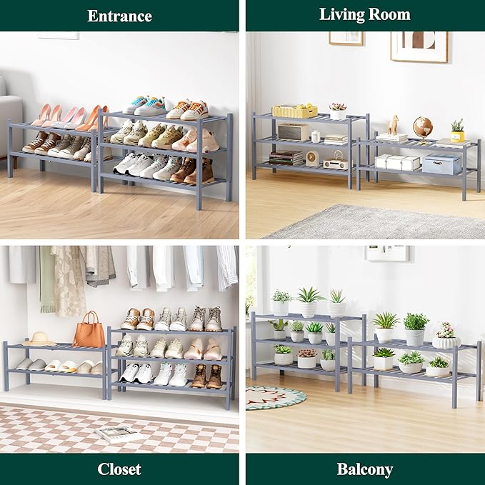 Smiry Bamboo Shoe Rack for Closet, 3 Tier Wooden Stackable Shoe Organizer, Free Standing Shoes Storage Shelf for Entryway, Front Door Entrance, Grey