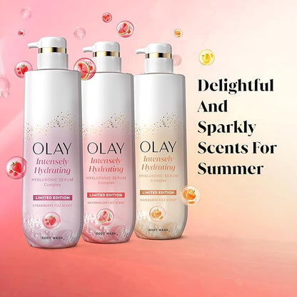 Olay Body Wash for Women, Intensely Hydrating, Pro-Hyaluronic Acid Serum Complex, Renews Moisture, Vitamin B3 Lameller Technology, For All Skin Types, Watermelon Summer Fizz Scent, 20 fl oz