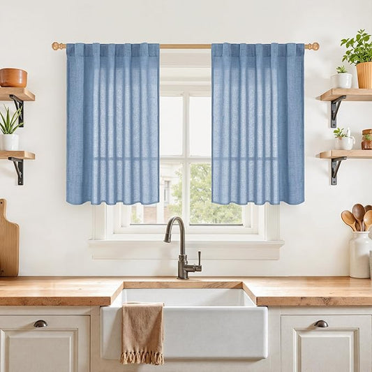 YoungsTex Blue Linen Curtains 36 Inches Long, Short Semi Sheer Drapes with Rod Pocket Back Tab Ocean Style for Bathroom Kitchen Window Over Sink, 2 Panels, 42 X 36 Inch