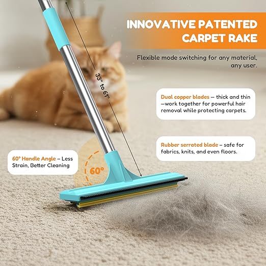 3 In 1 Carpet Rake for Pet Hair Removal Tool with Long & Short Handle and Rubber Detail Brush, Carpet Brush for Pet Hair, Deep Cleaning Pet Hair Removal Broom for Carpets Couches Rug Furniture