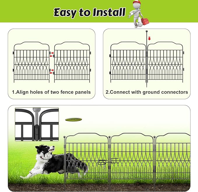 Bepatio 5 Panels Garden Fence with Latch - Total 27.6in（H） x 9.8ft(L) Dog Fence Outdoor for Yard, Arc Fencing Panels, Durable Metal Fencing & Garden Borders, Easy Set-Up, Black