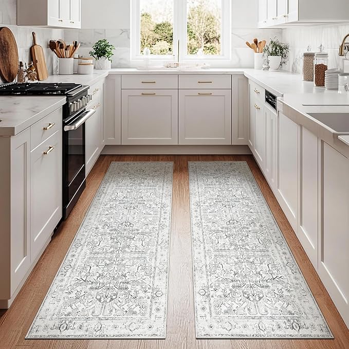 jinchan Kitchen Runner Rug 2x8-2pcs, Bohemian Hallway Washable Rug Floral Non Slip with Rubber Backing Vintage Carpet Runner for Bedroom Bathroom Laundry Room Living Room Decor Grey