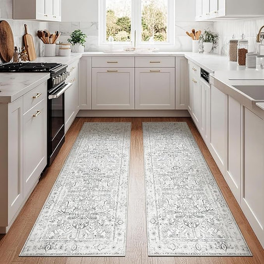 jinchan Kitchen Runner Rug 2x8-2pcs, Bohemian Hallway Washable Rug Floral Non Slip with Rubber Backing Vintage Carpet Runner for Bedroom Bathroom Laundry Room Living Room Decor Grey