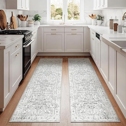 jinchan Kitchen Runner Rug 3x8-2pcs, Bohemian Hallway Washable Rug Floral Non Slip with Rubber Backing Vintage Carpet Runner for Bedroom Bathroom Laundry Room Living Room Decor Grey