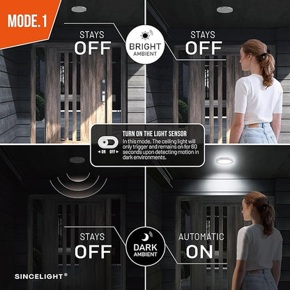 SINCELIGHT PIR Motion Sensor 18W LED Ceiling Light (Φ9''/220mm), Automatically ON/Off, Movement Activated, Dual Mode Turnable, Cool White 6000K, Surface/Flush Mount for Hallway,Porch, Pack of 1