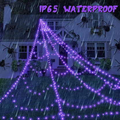 LED Spider Web Lights for Halloween Decorations Outdoor - 455 LEDs, 8 Lighting Modes, 16.4 Ft Light Up Giant Web (Purple)