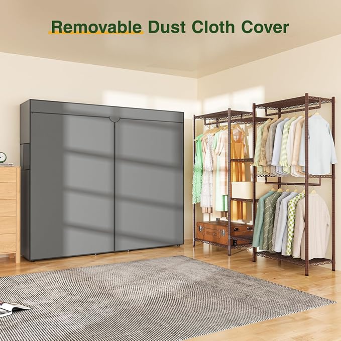 LEHOM G6C Heavy Duty Clothes Rack with Cover, Wire Garment Rack for Hanging Clothes, Compact Closet Storage Clothing Rack with Oxford Fabric Cover, Adjustable Hanging Clothes Racks for Bedroom