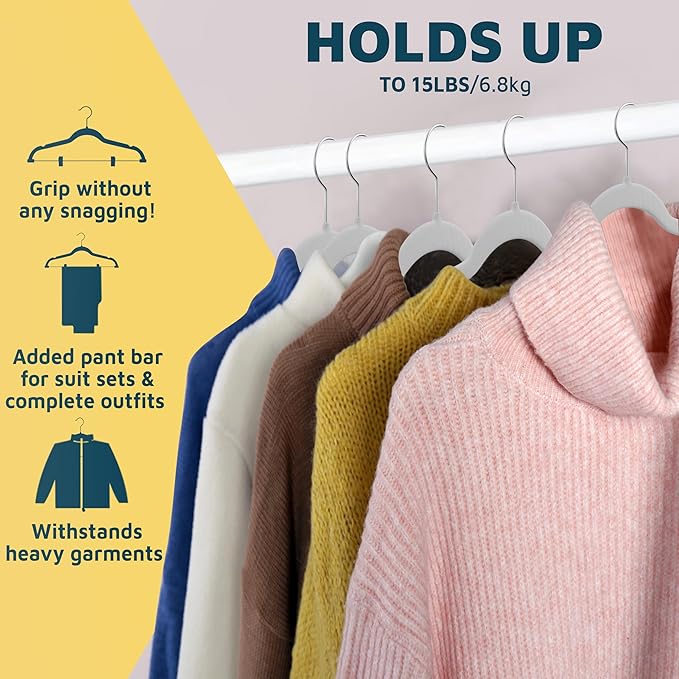 Velvet Skirt Hangers – with Adjustable Clips, 360 Degree Swivel Hook, and Non-Slip Shoulder Notch, Holds Up to 10 lbs, for Organizing Skirt, Pants, Dress, and Clothes, Pack of 50, White