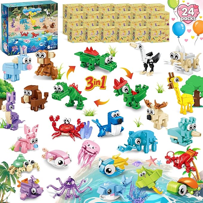 24 Packs Valentines Party Favors for Kids, Mini Animal Building Block Toy Sets for Goodie Bag Stuffers Classroom Prizes, Valentines Day Gifts for Kids Easter Birthday Gift for Boys Girls Ages 6-12