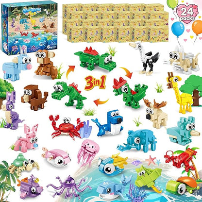 24 Packs Valentines Party Favors for Kids, Mini Animal Building Block Toy Sets for Goodie Bag Stuffers Classroom Prizes, Valentines Day Gifts for Kids Easter Birthday Gift for Boys Girls Ages 6-12