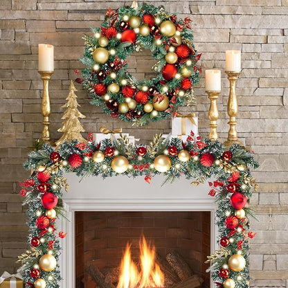WANNA-CUL Pre-Lit 30 Inch Large Christmas Wreath for Front Door with 50 Led Lights,Luxury Red Gold Lighted Christmas Door Wreath Decor with Ball Ornaments, Battery Operated
