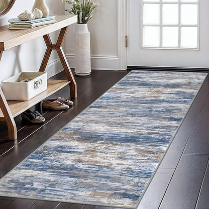 KOZYFLY Modern Abstract Runner Rugs 2x6 Blue Rust Machine Washable Area Rug for Bedroom Non-Slip Living Room Rug, Faux Wool Soft Low Pile Office Carpet for Dining Room, Bedroom, Kitchen Bathroom