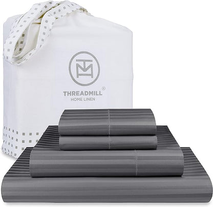 Threadmill 100% Cotton Sheets for Queen Size Bed - 600 Thread Count Queen Bed Sheets Set with 16” Deep Pocket - Damask Stripe Sateen Weave 4-Piece Bedding Set with Cooling Effect, Dark Grey