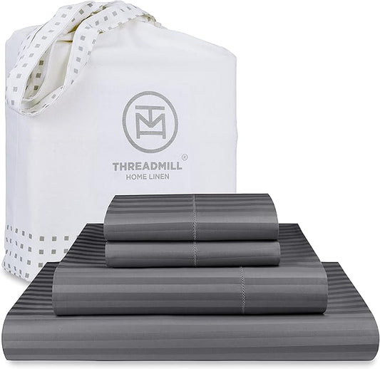 Threadmill 100% Cotton Sheets for Full Size Bed - 600 Thread Count Full Bed Sheets Set with 16” Deep Pocket - Damask Stripe Sateen Weave 4-Piece Bedding Set with Cooling Effect, Dark Grey